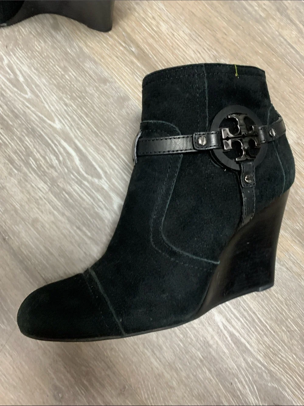 Tory Burch Black Suede Wedge Booties with Logo Harness Accent